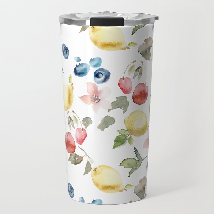 Lemon Berries and Cherries Watercolor Pattern Travel Mug Gallery Image 1