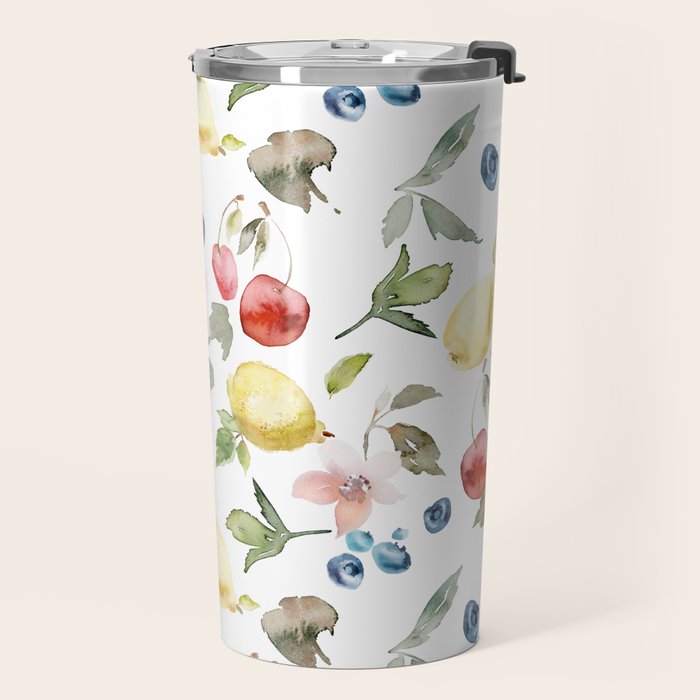 Lemon Berries and Cherries Watercolor Pattern Travel Mug Gallery Image 2