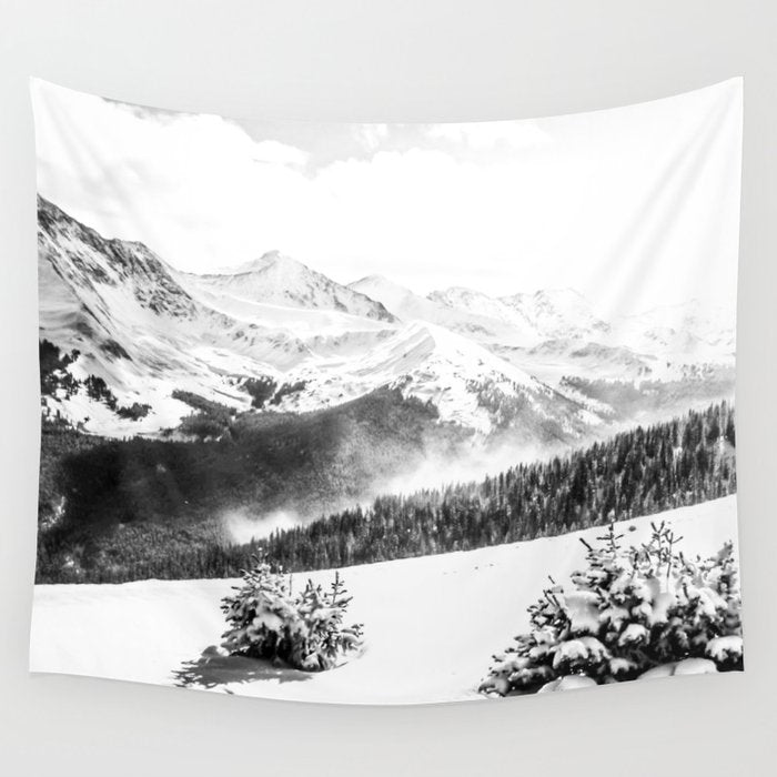 Fresh Snow Dust // Black and White Powder Day on the Mountain Wall Tapestry Gallery Image 1