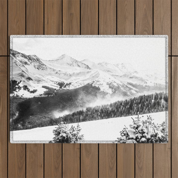 Fresh Snow Dust // Black and White Powder Day on the Mountain Outdoor Rug Gallery Image 1