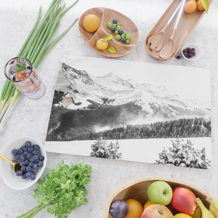 Fresh Snow Dust // Black and White Powder Day on the Mountain Cutting Board Gallery Image 2