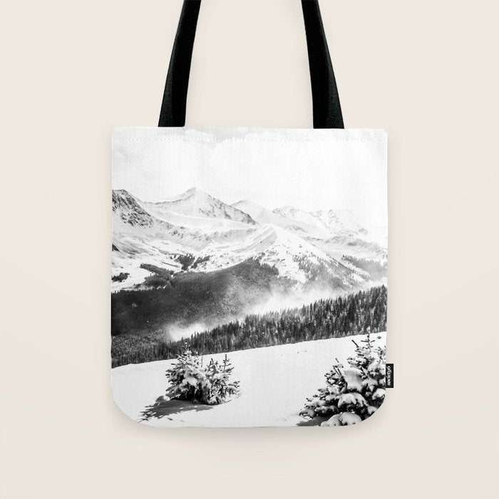 Fresh Snow Dust // Black and White Powder Day on the Mountain Tote Bag Gallery Image 1
