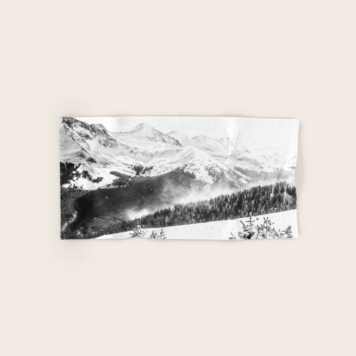 Fresh Snow Dust // Black and White Powder Day on the Mountain Bath Towel Gallery Image 1