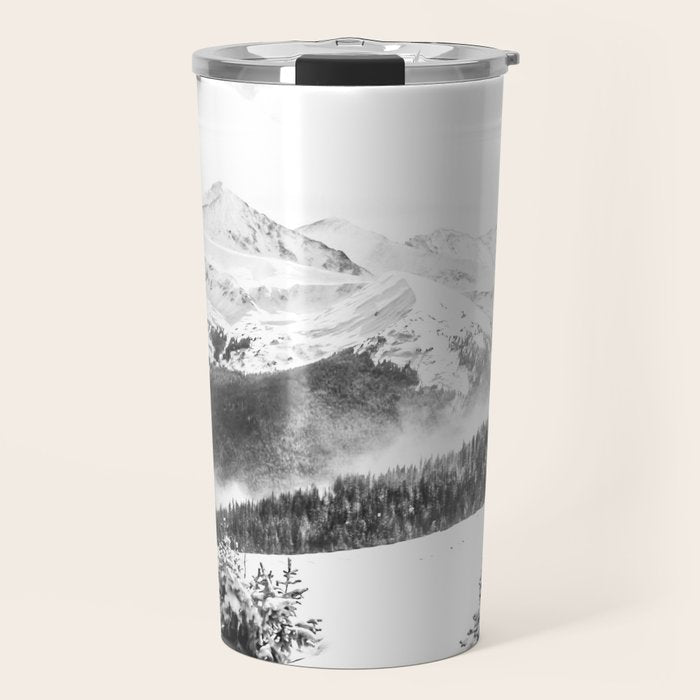 Fresh Snow Dust // Black and White Powder Day on the Mountain Travel Mug Gallery Image 1