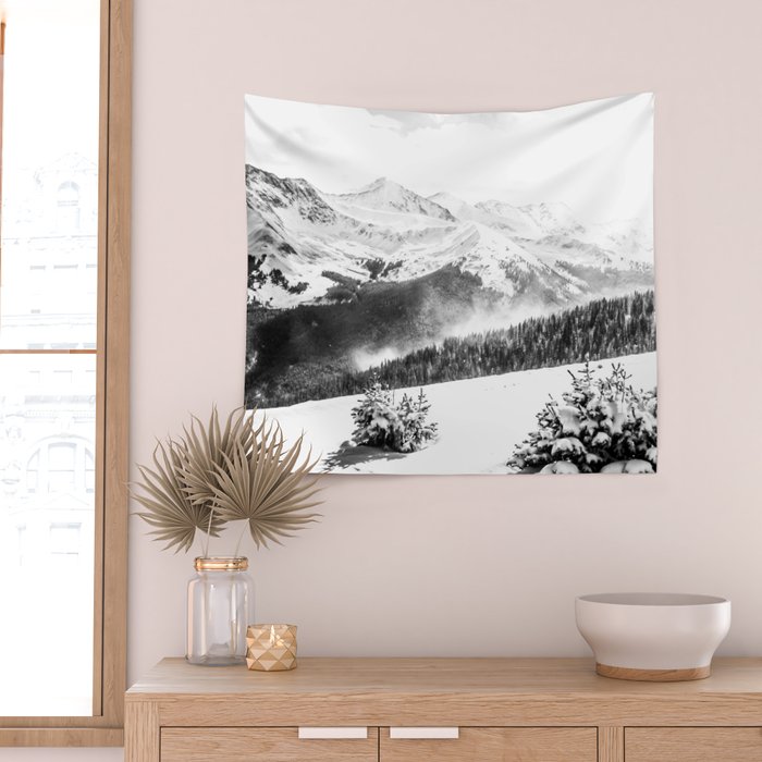 Fresh Snow Dust // Black and White Powder Day on the Mountain Wall Tapestry Gallery Image 2