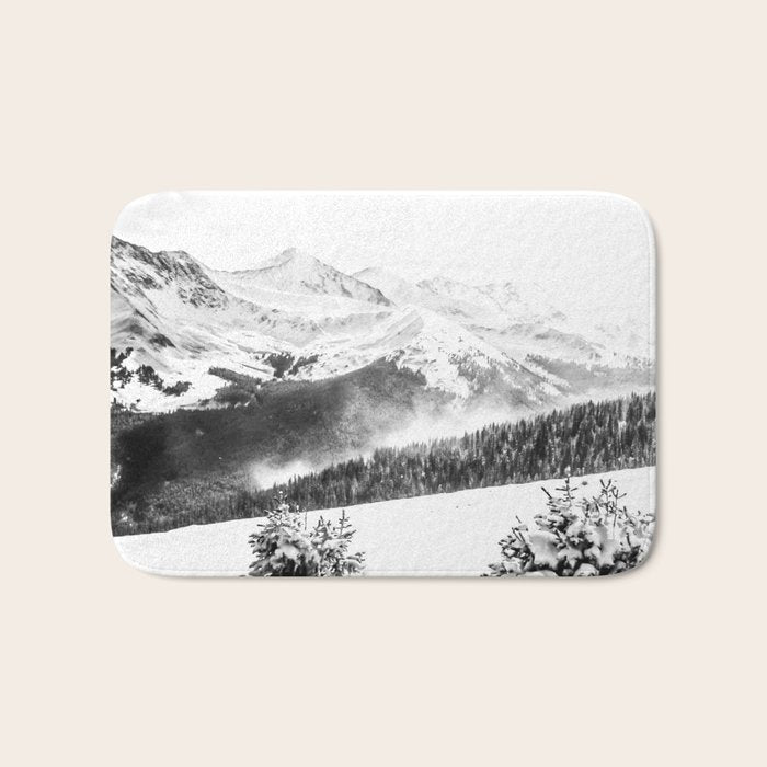 Fresh Snow Dust // Black and White Powder Day on the Mountain Bath Mat Gallery Image 1