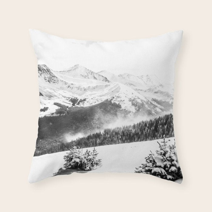 Fresh Snow Dust // Black and White Powder Day on the Mountain Throw Pillow Gallery Image 6