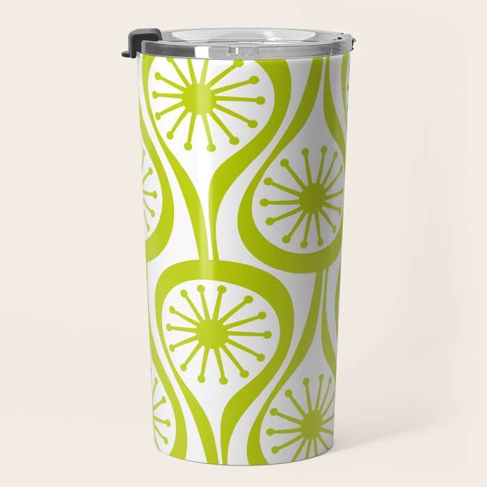 Lime Green Mid Century Modern Atomic Drops Retro Pattern on White Travel Mug Gallery Image 3