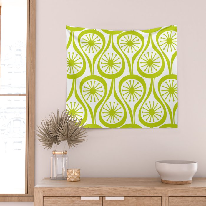 Lime Green Mid Century Modern Atomic Drops Retro Pattern on White Wall Tapestry Gallery Image 2