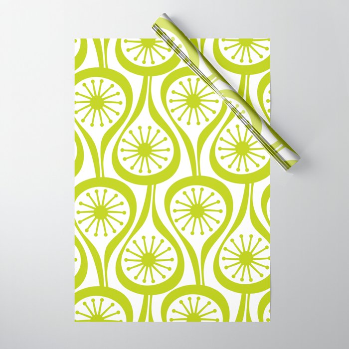 Lime Green Mid Century Modern Atomic Drops Retro Pattern on White Wrapping Paper Gallery Image 1