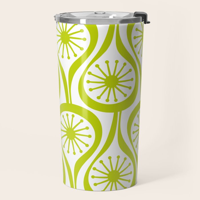 Lime Green Mid Century Modern Atomic Drops Retro Pattern on White Travel Mug Gallery Image 2