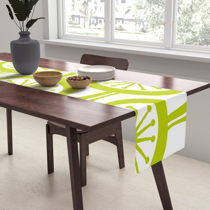 Lime Green Mid Century Modern Atomic Drops Retro Pattern on White Table Runner Gallery Image 2