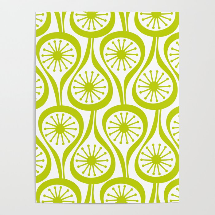 Lime Green Mid Century Modern Atomic Drops Retro Pattern on White Poster Gallery Image 1