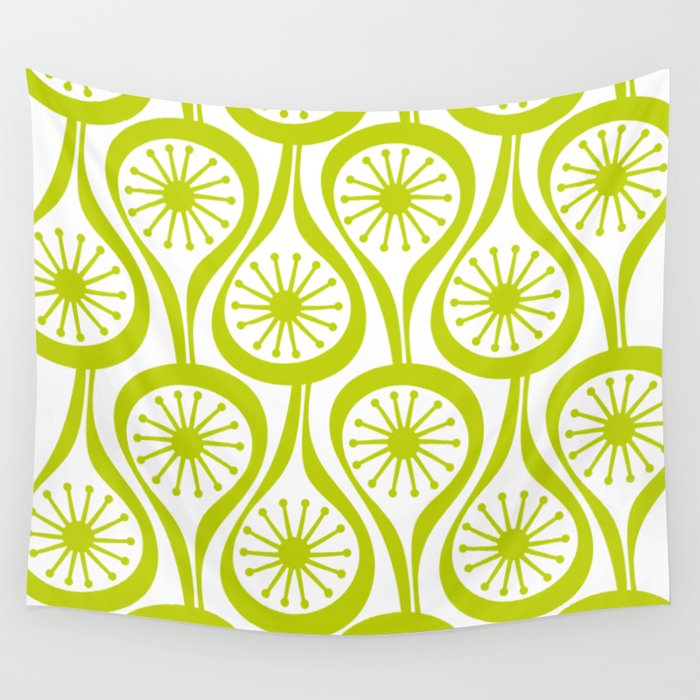 Lime Green Mid Century Modern Atomic Drops Retro Pattern on White Wall Tapestry Gallery Image 1