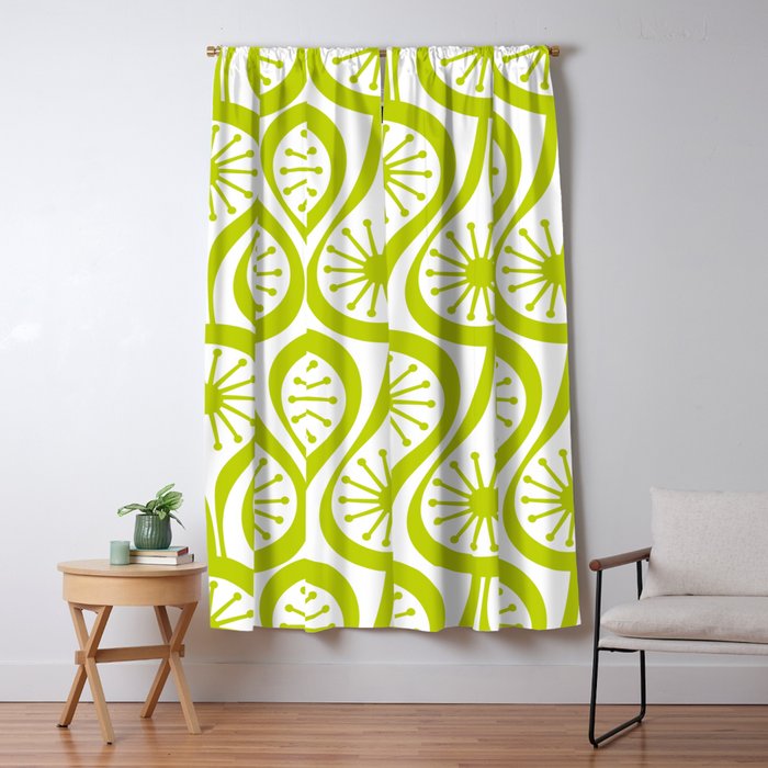 Lime Green Mid Century Modern Atomic Drops Retro Pattern on White Window Curtain Gallery Image 1