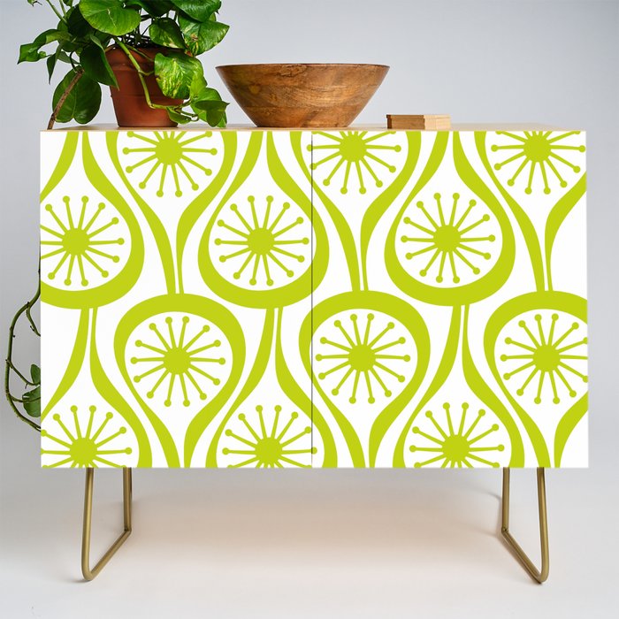 Lime Green Mid Century Modern Atomic Drops Retro Pattern on White Credenza Gallery Image 1