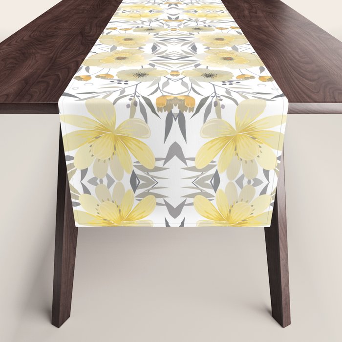 Modern, Floral Prints, Yellow, Gray and White Table Runner Gallery Image 1