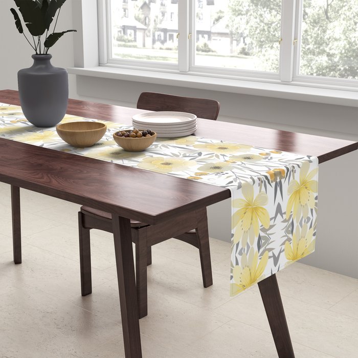 Modern, Floral Prints, Yellow, Gray and White Table Runner Gallery Image 2