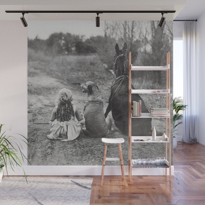 A Girl, Her Dog, and Her Horse wonderful black and white photograph - photography Wall Mural Gallery Image 1