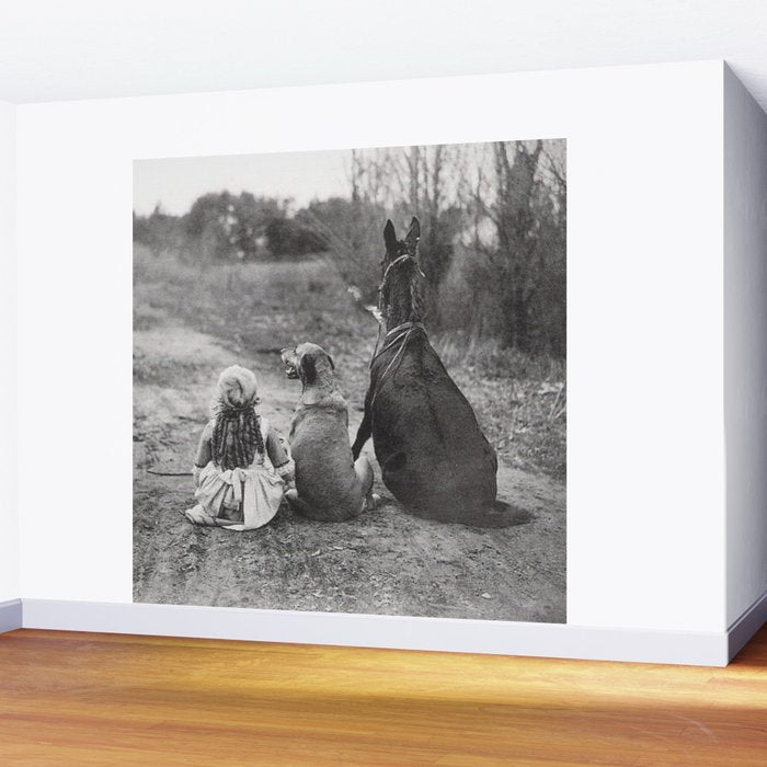 A Girl, Her Dog, and Her Horse wonderful black and white photograph - photography Wall Mural Gallery Image 2