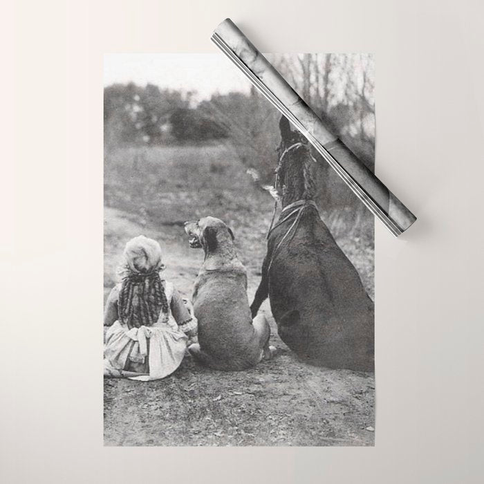 A Girl, Her Dog, and Her Horse wonderful black and white photograph - photography Wrapping Paper Gallery Image 1