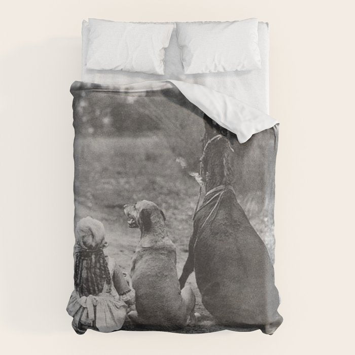A Girl, Her Dog, and Her Horse wonderful black and white photograph - photography Duvet Cover Gallery Image 1