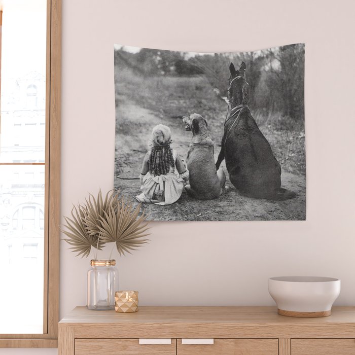 A Girl, Her Dog, and Her Horse wonderful black and white photograph - photography Wall Tapestry Gallery Image 2