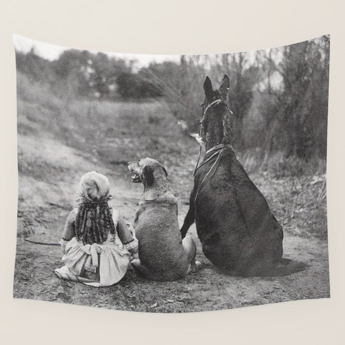 A Girl, Her Dog, and Her Horse wonderful black and white photograph - photography Wall Tapestry Gallery Image 1