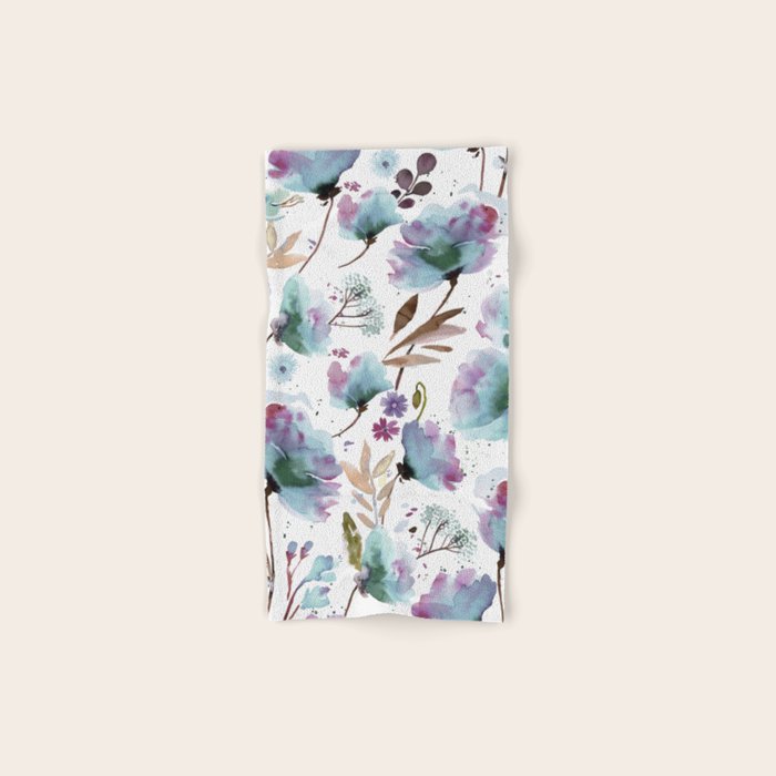 Poppies Loose Floral Watercolor - Meadow Wildflowers - Aqua Plum  Bath Towel Gallery Image 1