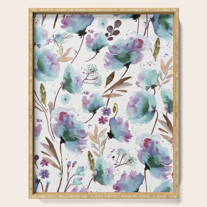 Poppies Loose Floral Watercolor - Meadow Wildflowers - Aqua Plum  Serving Tray Gallery Image 1