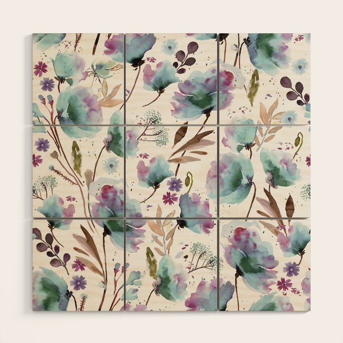 Poppies Loose Floral Watercolor - Meadow Wildflowers - Aqua Plum  Wood Wall Art Gallery Image 1