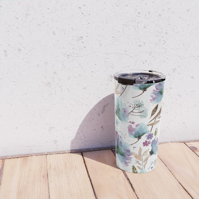 Poppies Loose Floral Watercolor - Meadow Wildflowers - Aqua Plum  Travel Mug Gallery Image 4