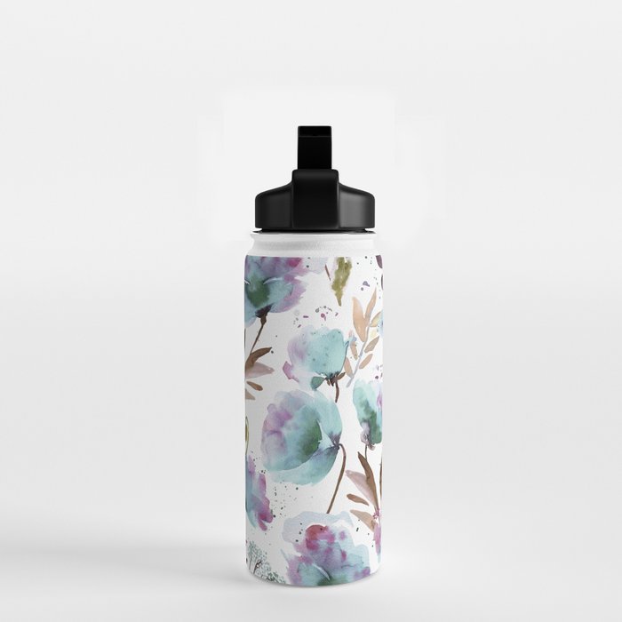 Poppies Loose Floral Watercolor - Meadow Wildflowers - Aqua Plum  Water Bottle Gallery Image 2