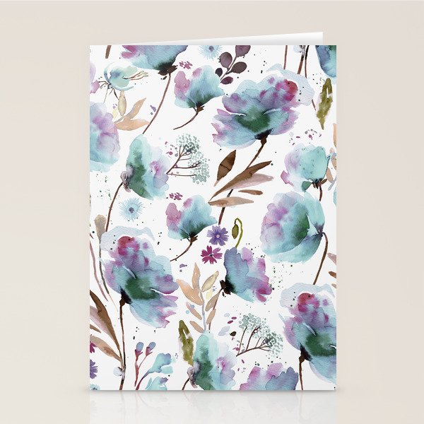 Poppies Loose Floral Watercolor - Meadow Wildflowers - Aqua Plum  Stationery Card Gallery Image 2