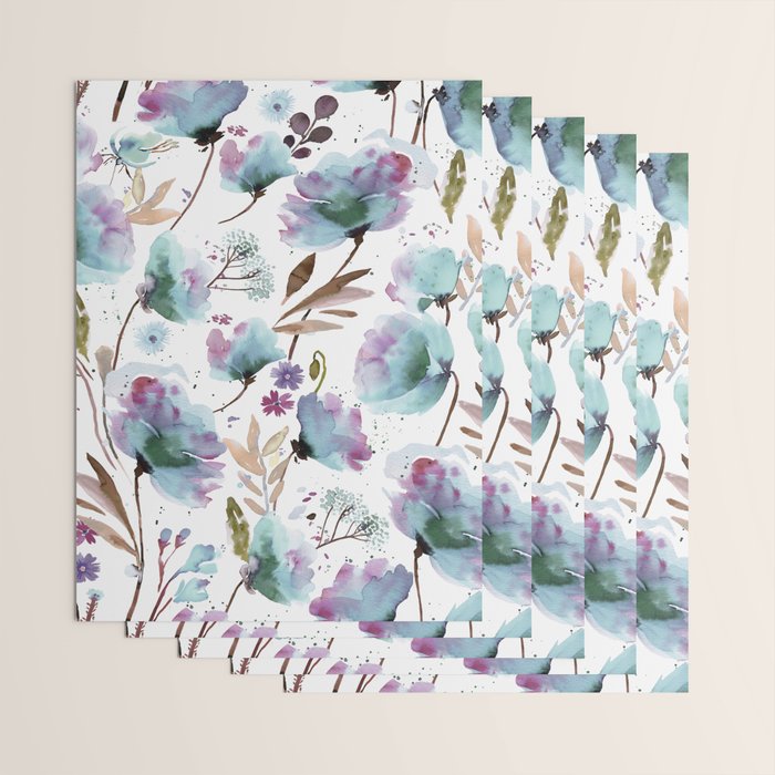 Poppies Loose Floral Watercolor - Meadow Wildflowers - Aqua Plum  Wrapping Paper Gallery Image 3