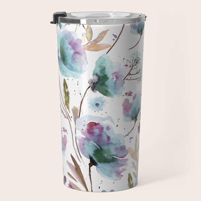 Poppies Loose Floral Watercolor - Meadow Wildflowers - Aqua Plum  Travel Mug Gallery Image 3