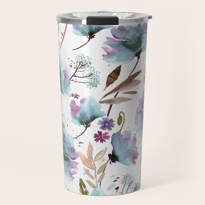 Poppies Loose Floral Watercolor - Meadow Wildflowers - Aqua Plum  Travel Mug Gallery Image 1