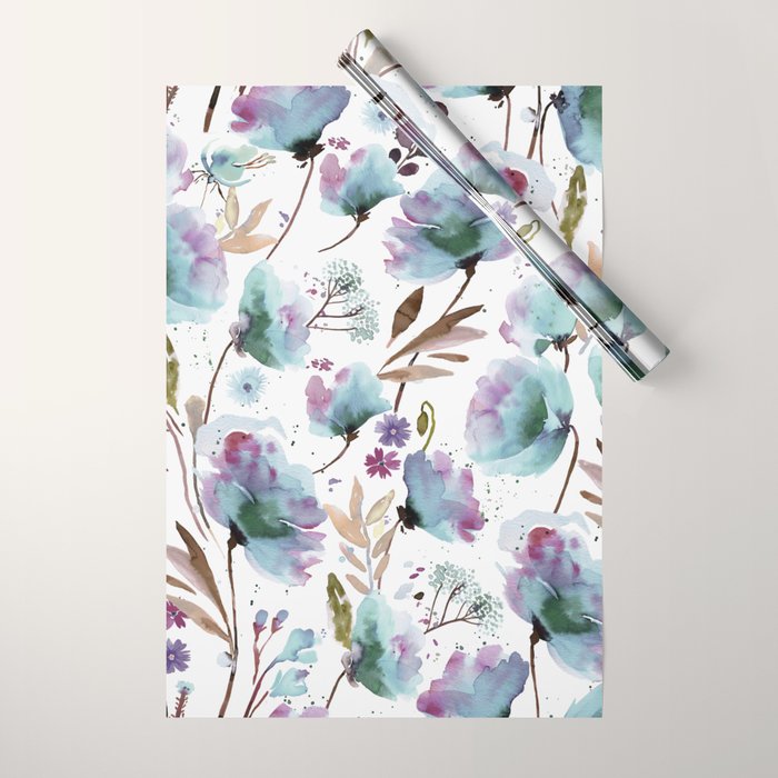 Poppies Loose Floral Watercolor - Meadow Wildflowers - Aqua Plum  Wrapping Paper Gallery Image 1