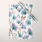Poppies Loose Floral Watercolor - Meadow Wildflowers - Aqua Plum  Wrapping Paper Gallery Image 1