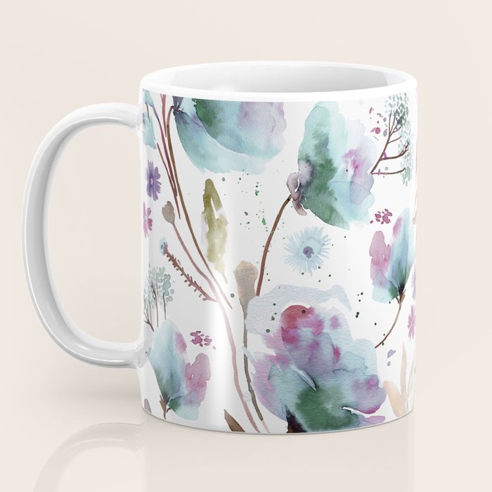 Poppies Loose Floral Watercolor - Meadow Wildflowers - Aqua Plum  Coffee Mug Gallery Image 3