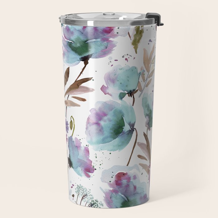 Poppies Loose Floral Watercolor - Meadow Wildflowers - Aqua Plum  Travel Mug Gallery Image 2