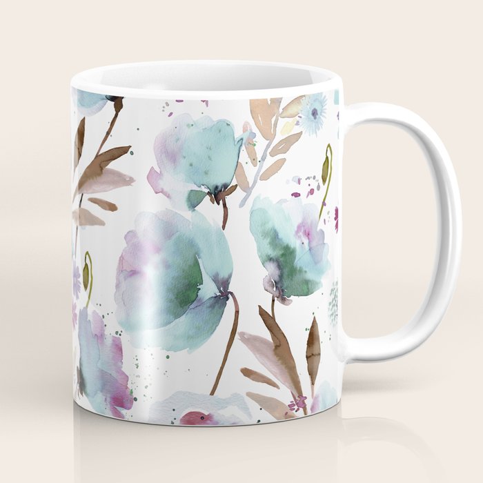 Poppies Loose Floral Watercolor - Meadow Wildflowers - Aqua Plum  Coffee Mug Gallery Image 1