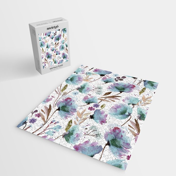 Poppies Loose Floral Watercolor - Meadow Wildflowers - Aqua Plum  Jigsaw Puzzle Gallery Image 2