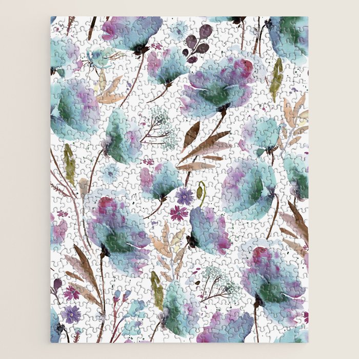 Poppies Loose Floral Watercolor - Meadow Wildflowers - Aqua Plum  Jigsaw Puzzle Gallery Image 1