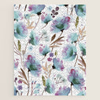 Poppies Loose Floral Watercolor - Meadow Wildflowers - Aqua Plum  Jigsaw Puzzle Gallery Image 1