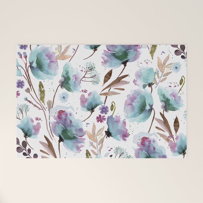 Poppies Loose Floral Watercolor - Meadow Wildflowers - Aqua Plum  Welcome Mat Gallery Image 1
