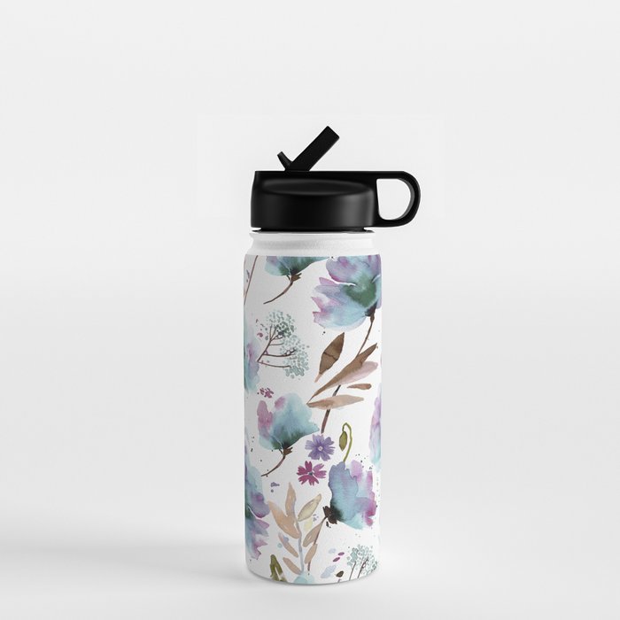 Poppies Loose Floral Watercolor - Meadow Wildflowers - Aqua Plum  Water Bottle Gallery Image 1