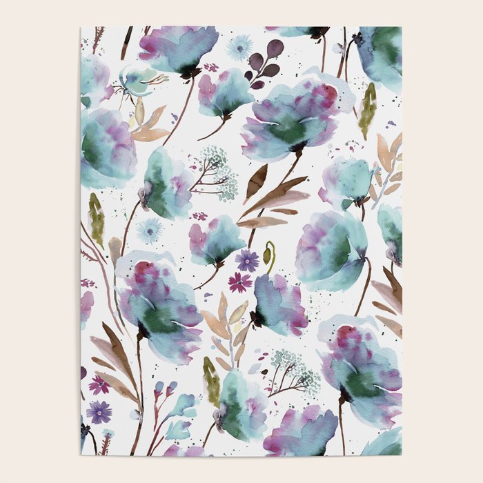 Poppies Loose Floral Watercolor - Meadow Wildflowers - Aqua Plum  Poster Gallery Image 4