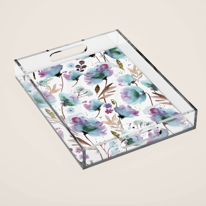 Poppies Loose Floral Watercolor - Meadow Wildflowers - Aqua Plum  Acrylic Tray Gallery Image 1