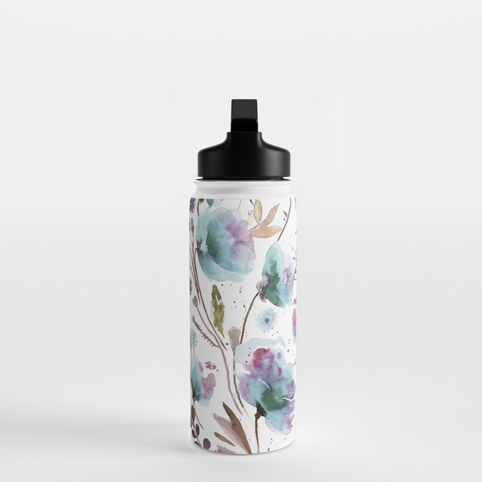 Poppies Loose Floral Watercolor - Meadow Wildflowers - Aqua Plum  Water Bottle Gallery Image 3